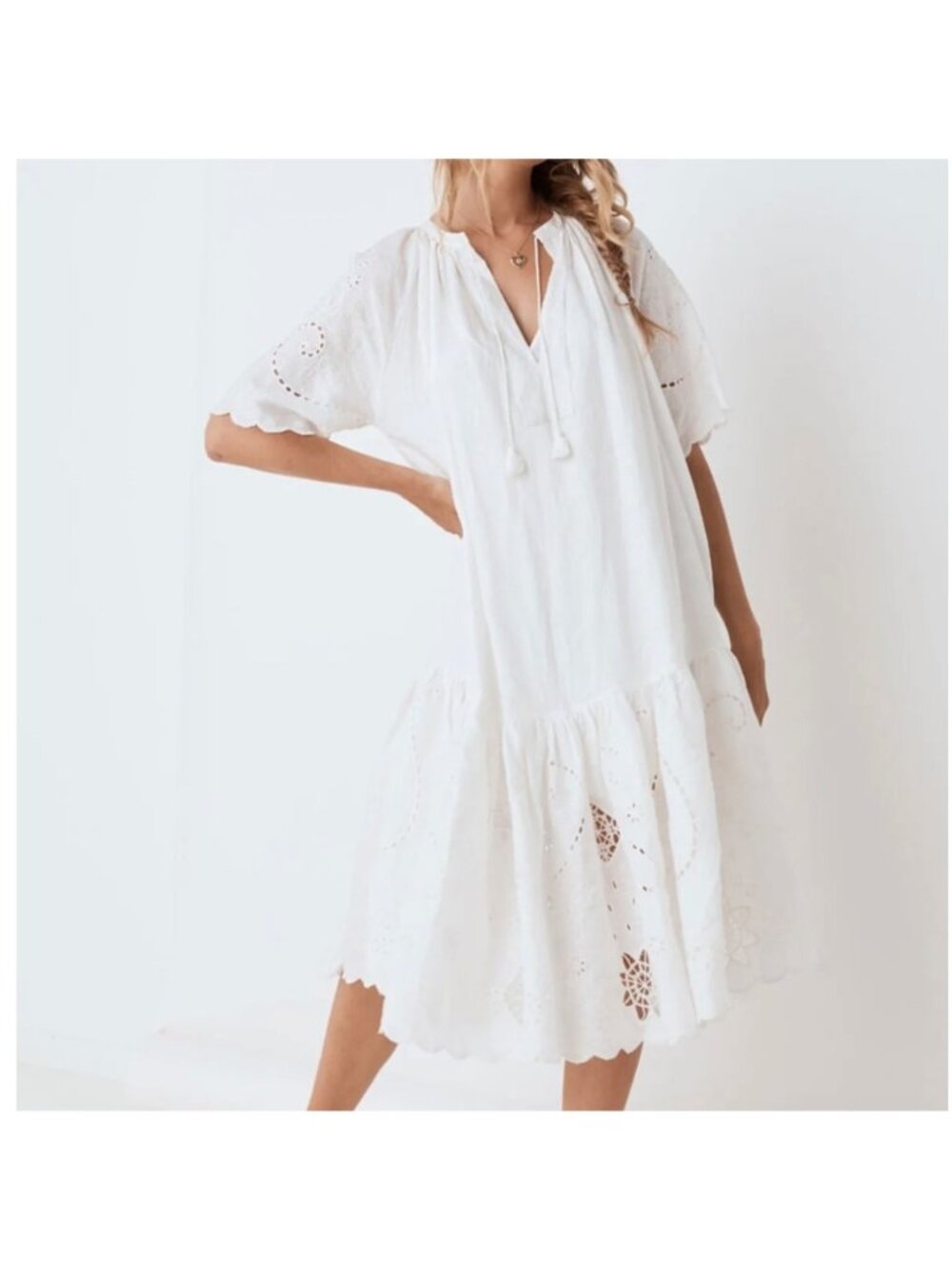 Spell NWT XS Linen Beach Dress with Embroidered Eyelet Details & Tassel - Picture 5 of 8